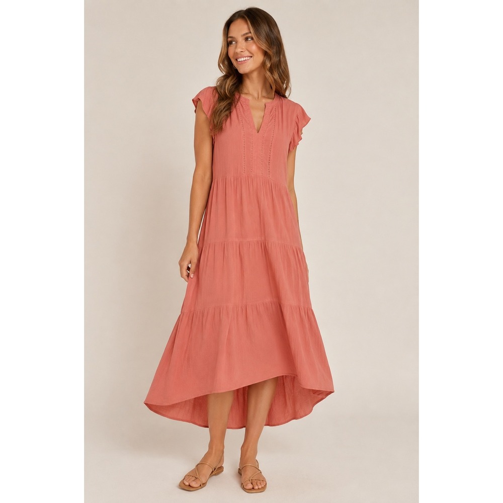 LOFT Petite Coral Pink Tiered Midi Dress Flutter Sleeve Lace Detail MP